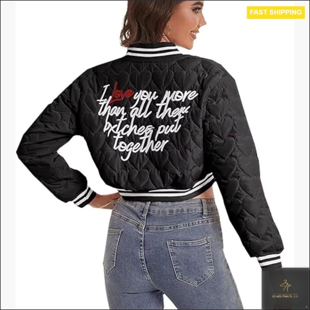 Women's Quilted Cropped Bomber Jacket, Long Sleeve, Polycotton, Loose Fit